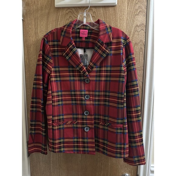 Torrid Betsey Johnson Blazer Women 00 Red Plaid Preppy Academia Jacket M/L *READ - Picture 1 of 12